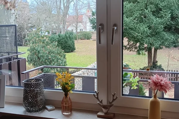 Blick aus der Ferienwohnung Parkblick auf den Bühlschen Park in Deidesheim mit altem Baumbestand und Balkon im Vordergrund.