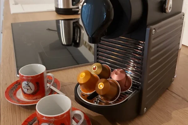 Moderne Küchenzeile der Ferienwohnung Parkblick in Deidesheim mit Nespresso-Kaffeemaschine, Induktionskochfeld und vollständig ausgestatteter Küche.
