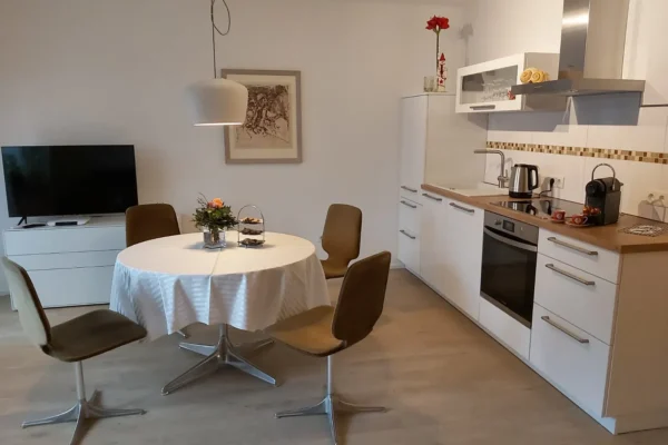 Moderner Wohn- und Essbereich der Ferienwohnung Parkblick in Deidesheim mit voll ausgestatteter Küche und gemütlichem Essplatz.